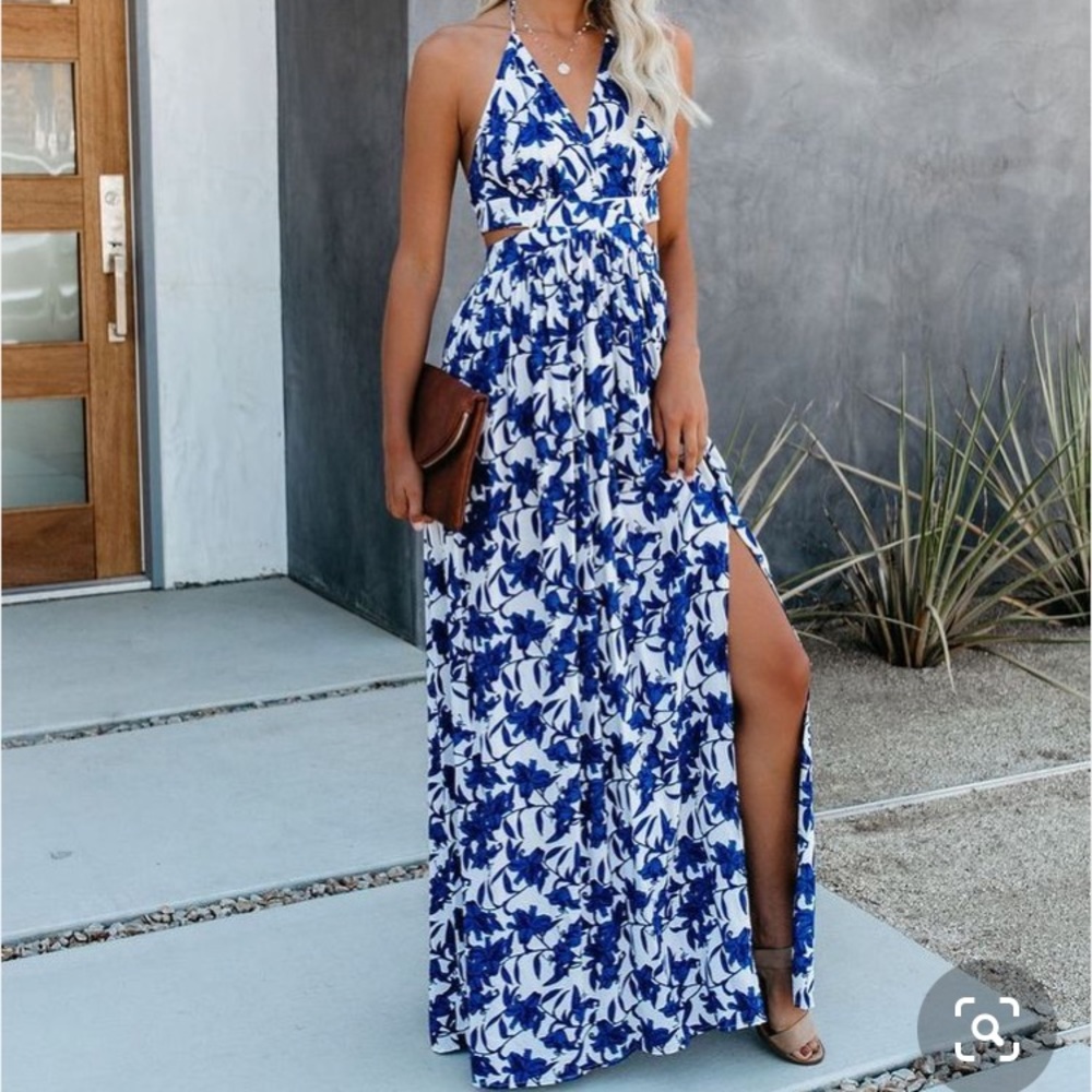 Vici Blue and White Floral Halter Maxi Dress